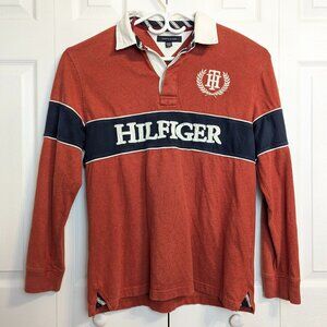Vintage Mens Tommy Hilfiger Long Sleeve Rugby Polo Red and Blue with Crest Y2K